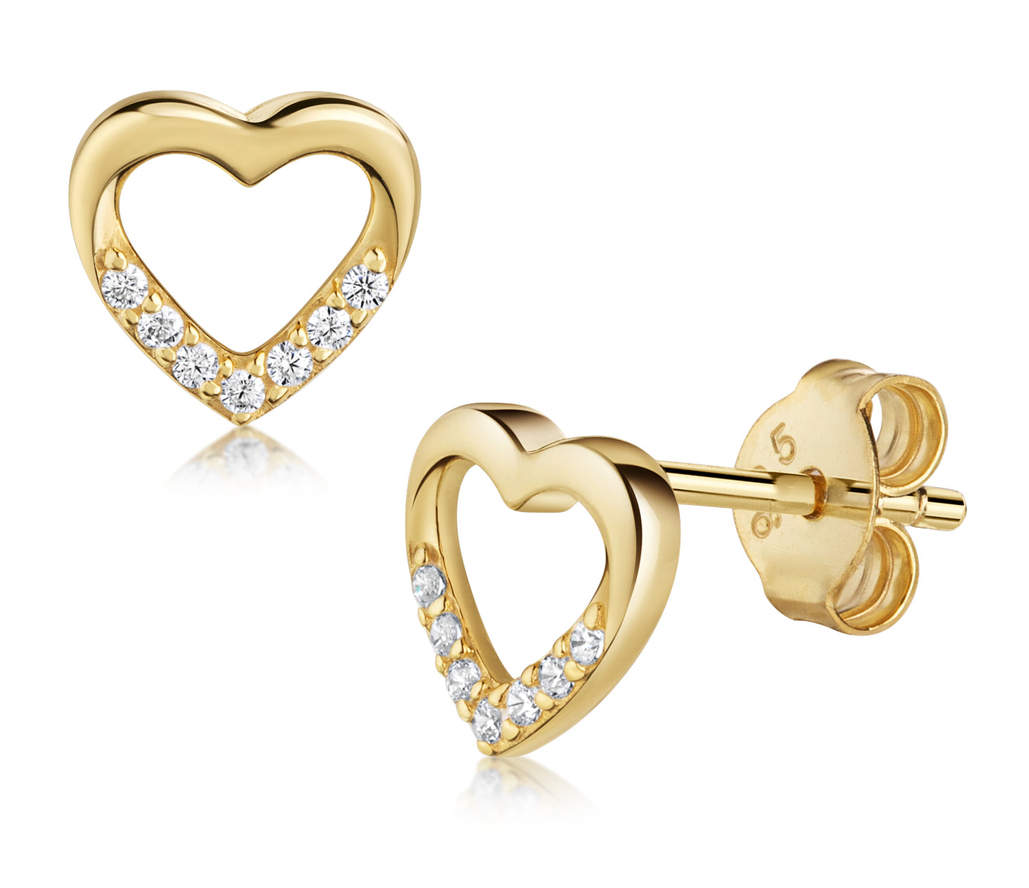 Open hart oorknopjes met 14 Zirkonia, Sterling Zilver 925/000 goud verguld