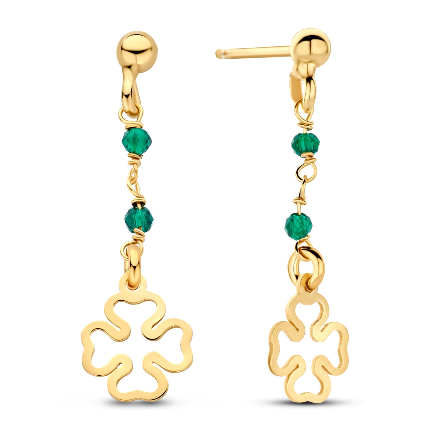 (51339) Oorstekers Klaver met groene kristal Sterling Zilver 925/000 goud verguld