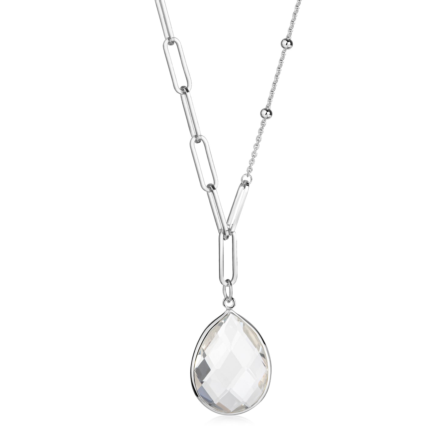 Y-Halsketting met Witte Kwarts in Traanvorm Sterling Zilver 925/000