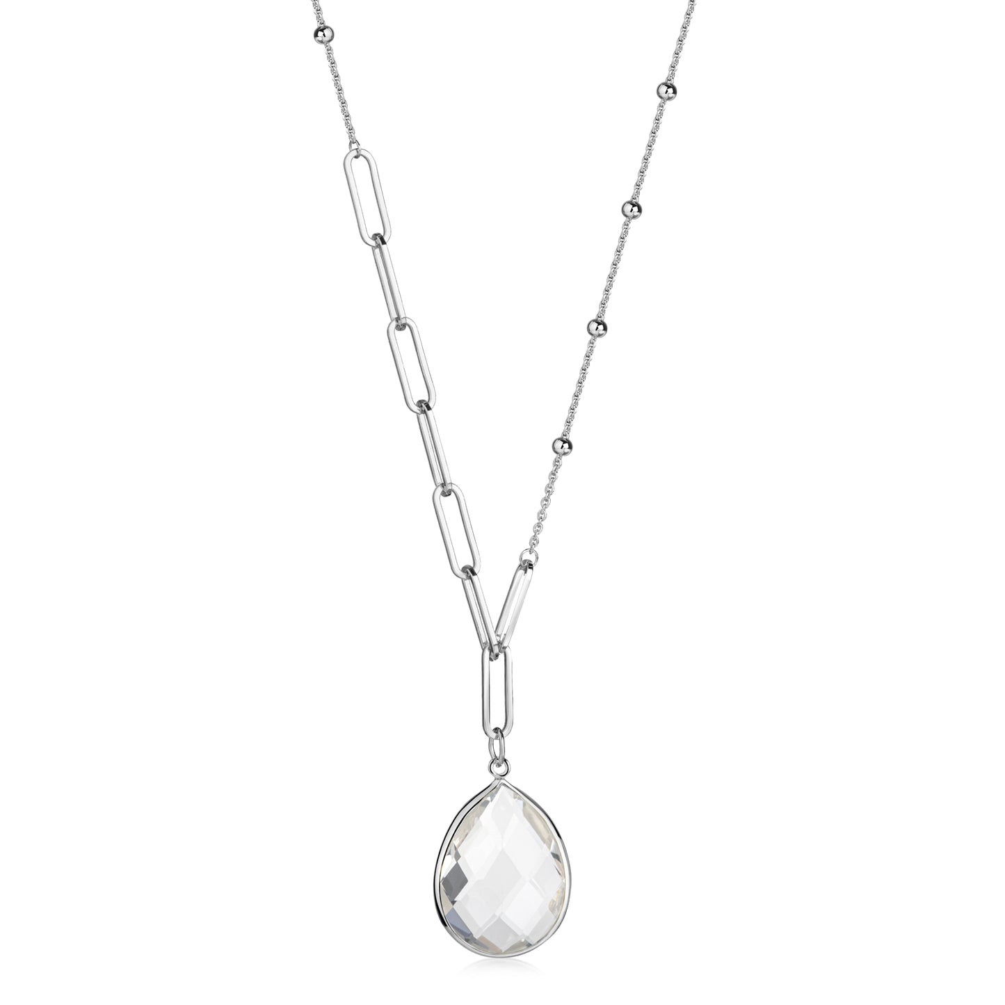 (59072) Y-Halsketting met Witte Kwarts in Traanvorm Sterling Zilver 925/000