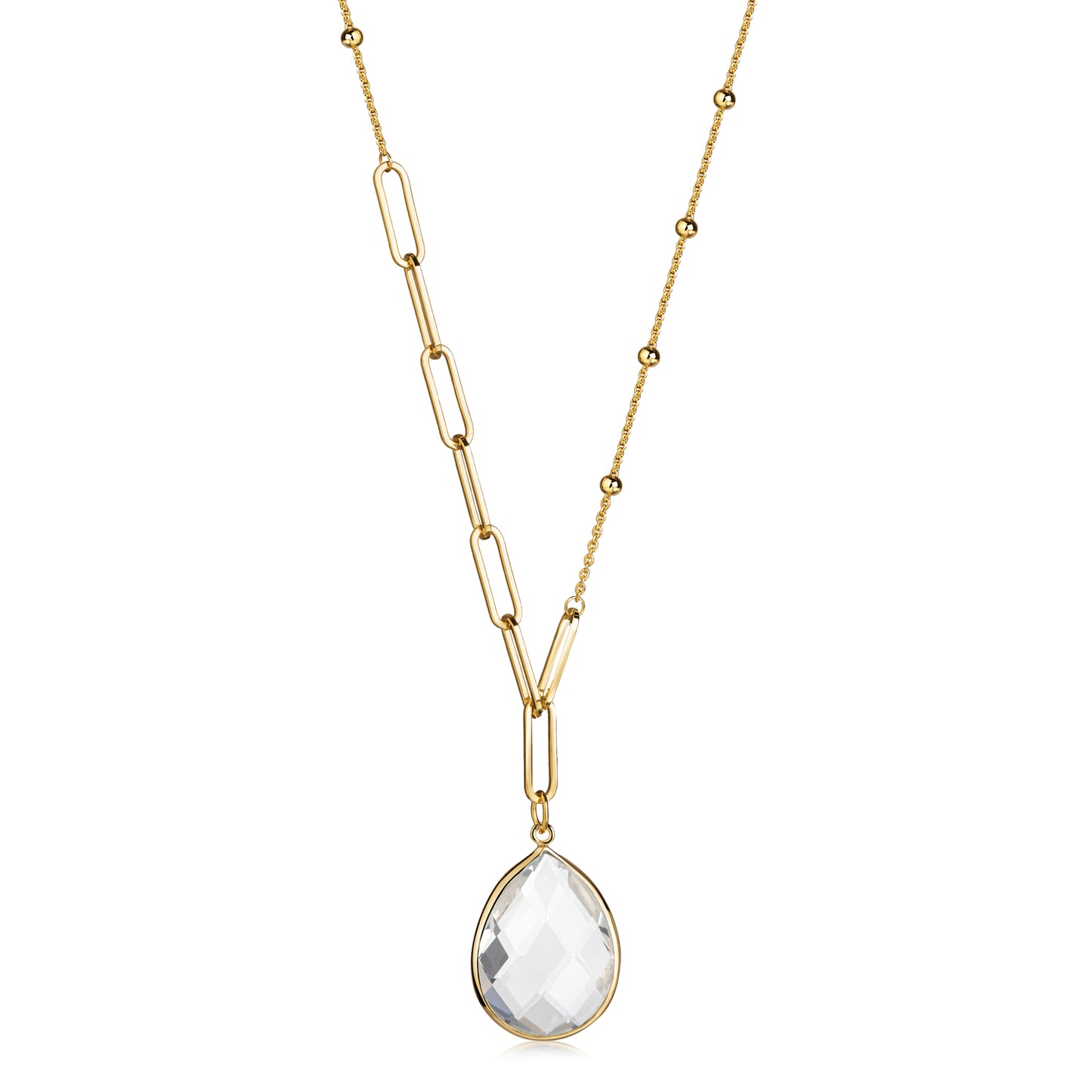 (59073) Y-Halsketting met Witte Kwarts in Traanvorm Sterling Zilver 925/000 goud verguld