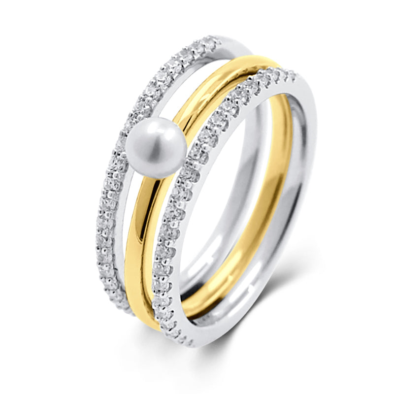 3-delige Damesring met Zoetwaterparel en 46 zirkonia Sterling Zilver 925/000 bicolor