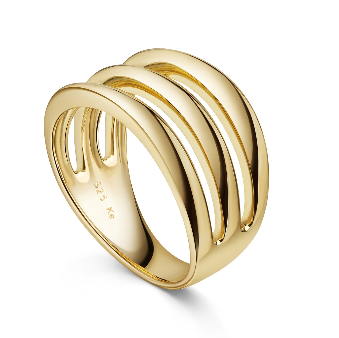 Damesring 3 glanzende rijen 11 mm breed Sterling Zilver 925/000 goud verguld