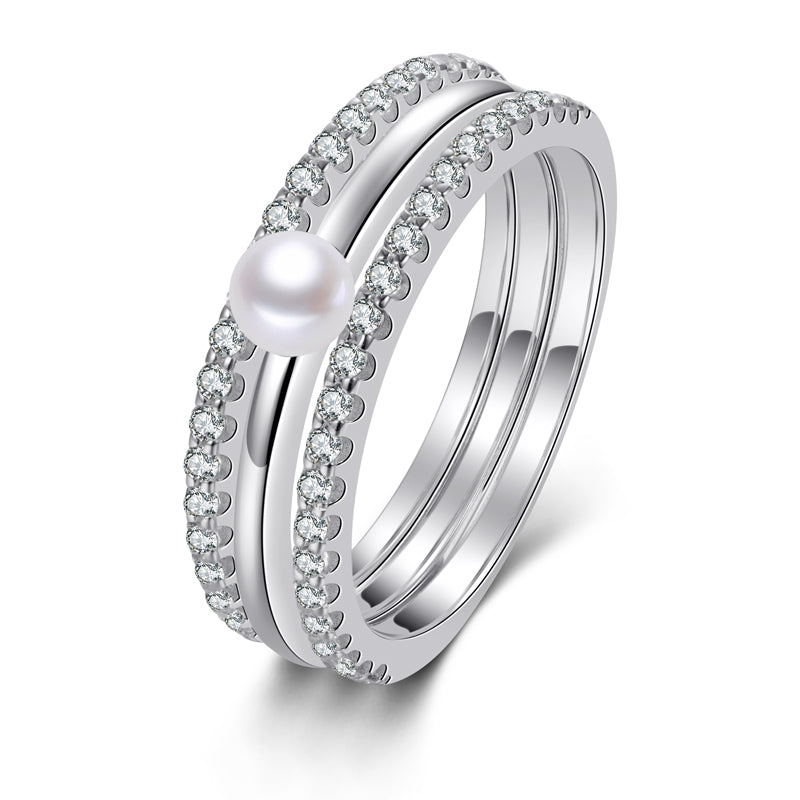 3-delige Damesring met Zoetwaterparels & 46 Zirkonia Sterling Zilver 925/000