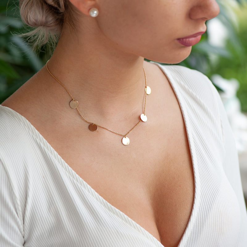 Halsketting met 5 Ronde Plaatjes 10 mm Sterling Zilver 925/000 goud verguld