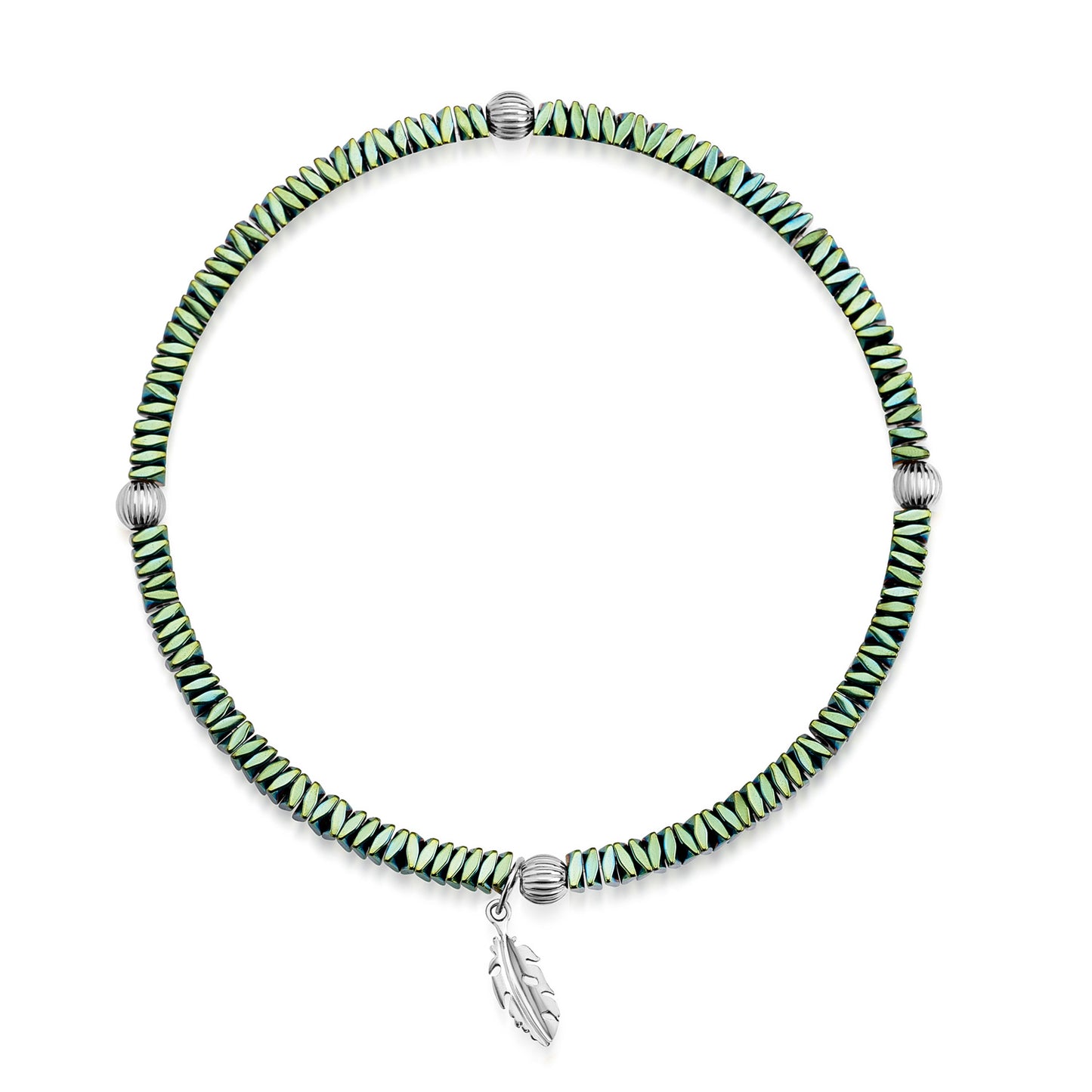 Bracelet Hématite avec Plume et quatre Boules 4 mm Argent Sterling 925/000