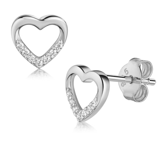 Open hart oorknopjes 14 Zirkonia, Sterling Zilver 925/000