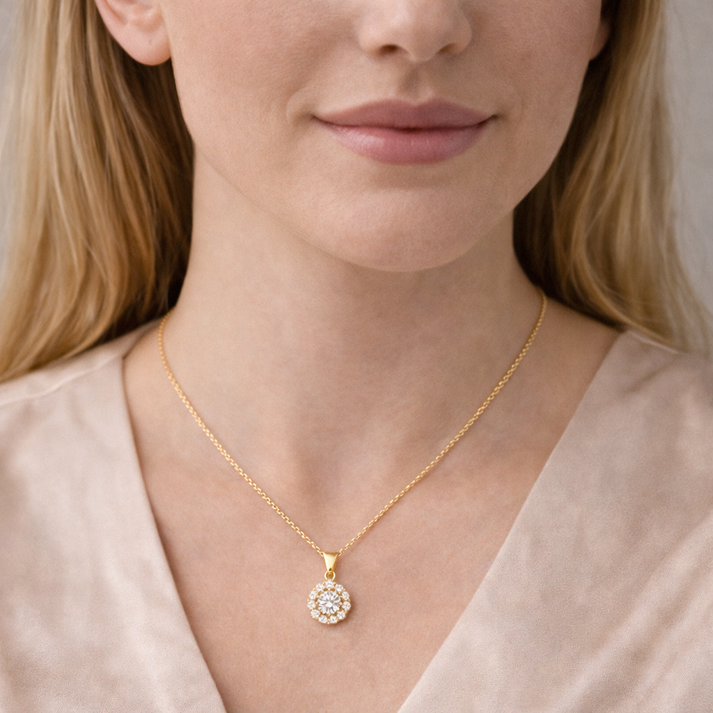 (51442) Halsketting met hanger 12 zirkonia Sterling Zilver 925/000 goud verguld