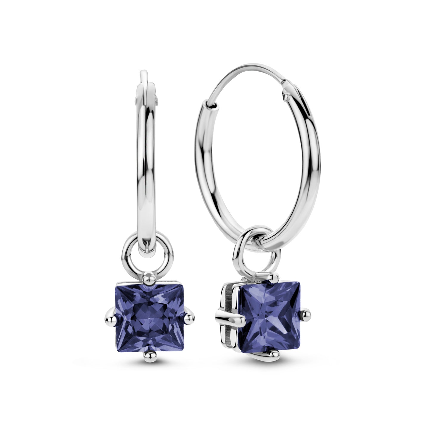 (51261) Boucles d'oreilles créoles Ø 15 mm avec pendentif et zircon bleu, argent sterling 925/000