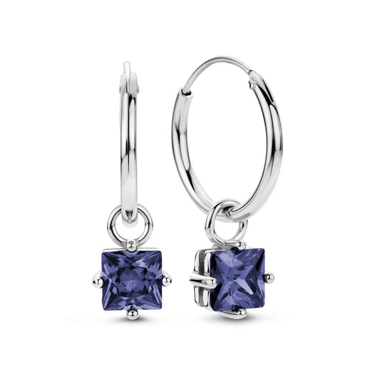 Boucles d'oreilles créoles Ø 15 mm avec pendentif et zircone bleue en argent sterling 925/000