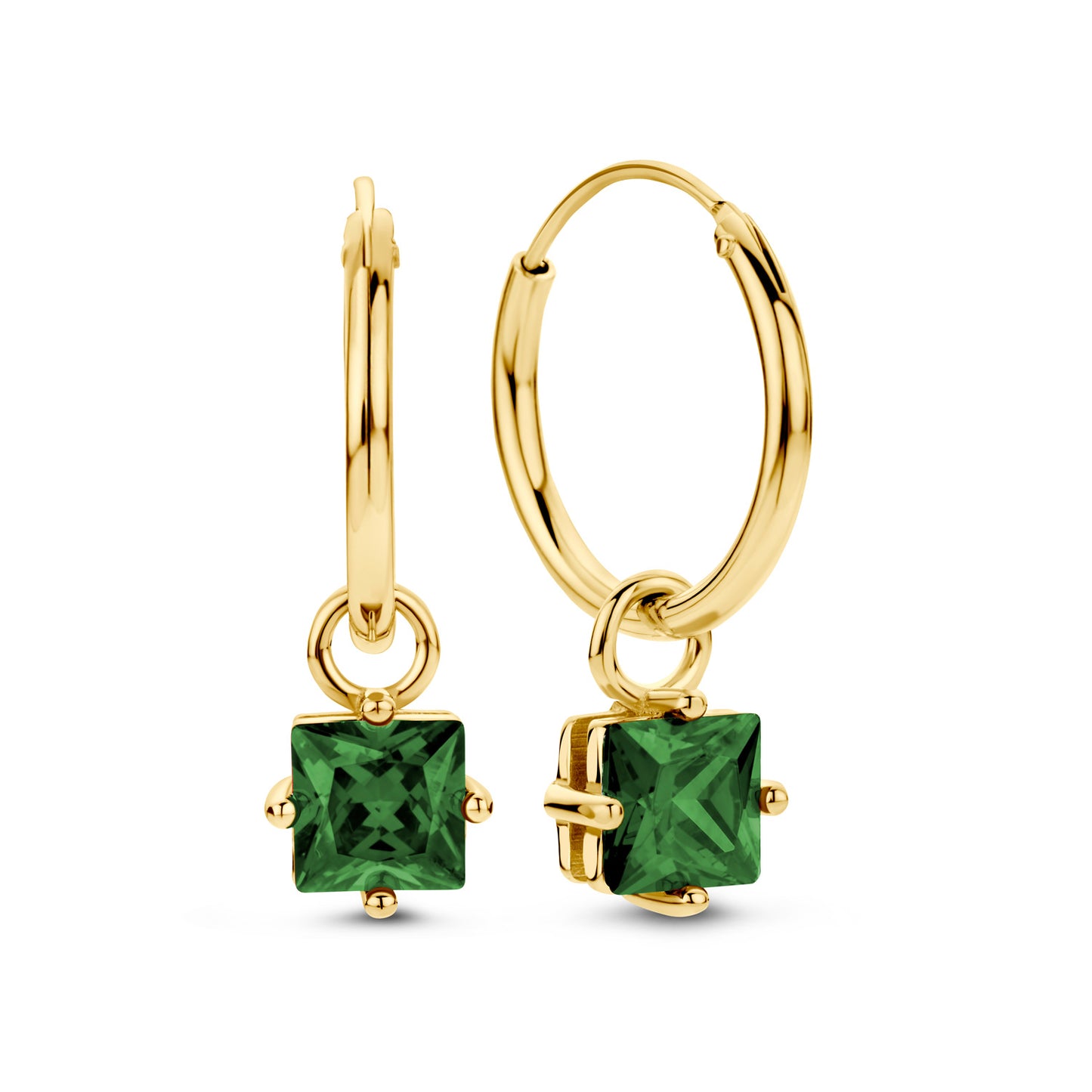 Boucles d'oreilles créoles Ø 15 mm avec pendentif et zircone verte en argent sterling 925/000 plaqué or