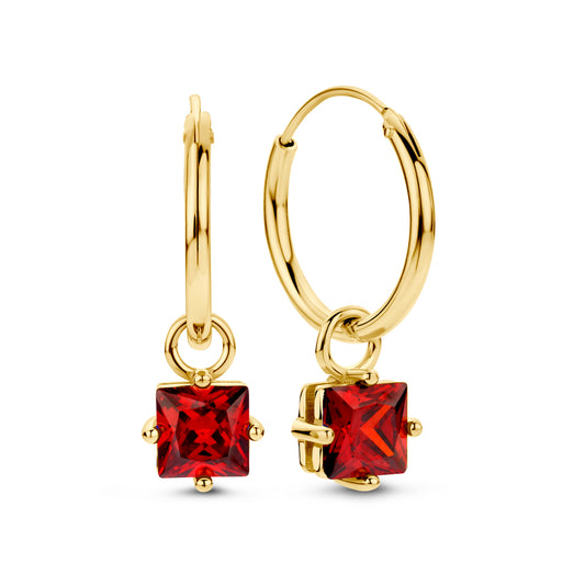 Boucles d'oreilles créoles Ø 15 mm avec pendentif et zircone rouge en argent sterling 925/000 plaqué or