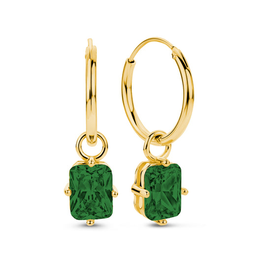 Boucles d'oreilles créoles Ø 15 mm Pendentif avec Zircone verte Argent 925/000 plaqué or
