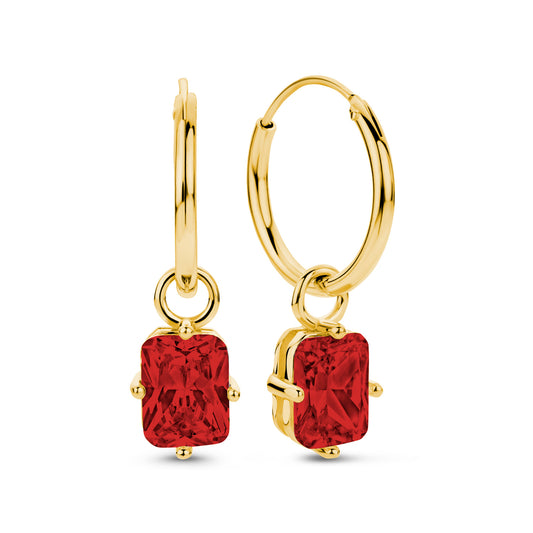 Boucles d'oreilles créoles Ø 15 mm Pendentif avec Zircone rouge Argent 925/000 plaqué or