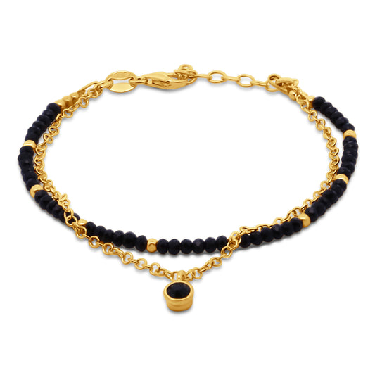 Bracelet 2 rangs avec cristaux noirs facettés en argent sterling 925/000 plaqué or