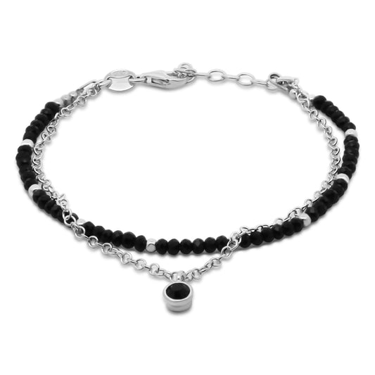 Bracelet 2 rangs avec cristaux noirs facettés en argent sterling 925/000