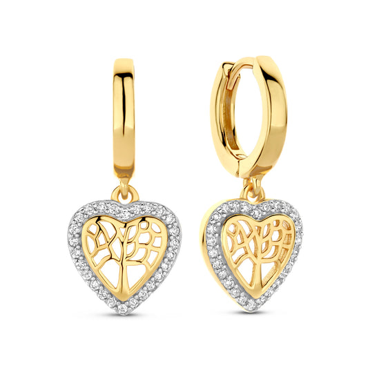 (51433) Boucles d'oreilles créoles avec cœur/arbre de vie, 52 zirconias, argent sterling plaqué or 925/000