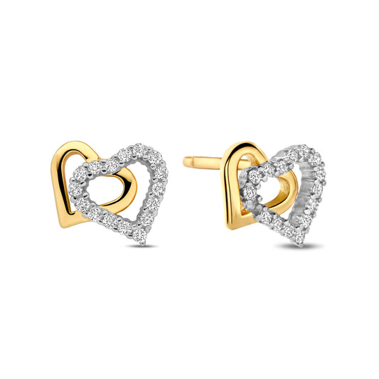 (51435) Boucles d'oreilles en forme de cœur avec 32 zirconias, argent sterling 925/000 plaqué or (bicolore)