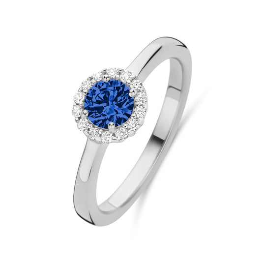 (Art.nr.: 51543) Damesring met 15 zirkonia blauw/wit zilver 925/000 rhodium gelaagd