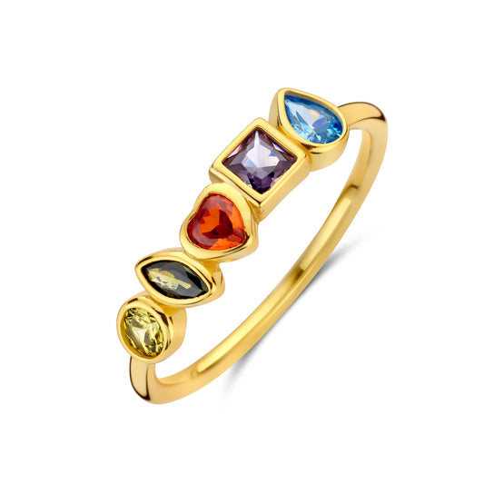 (51572) Bague pour femme avec 5 zirconias multicolores, plaquée or 925/000.