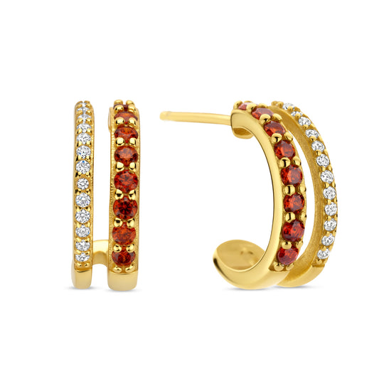 (51577) Boucles d'oreilles puces en argent sterling 925/000 plaqué or, serties de 42 zirconias rouges et blancs.