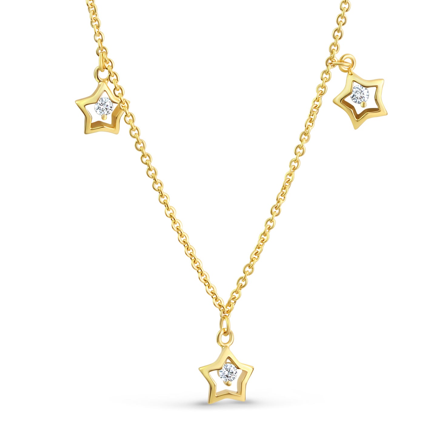 Halsketting Collier met drie Sterren en Zirkonia 38cm lang Sterling Zilver 925/000 goud gelaagd