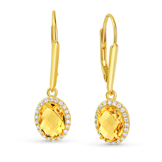 Boucles d'oreilles avec cristal de citrine et 44 zircones en argent sterling 925/000 plaqué or