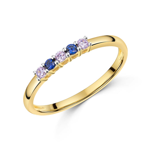 Bague femme avec 5 zircones lavande/tanzanite en argent sterling 925/000 plaqué or