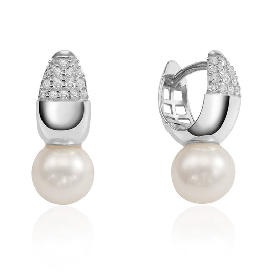 Creolen met zoetwaterparel 7-7,5 mm en 32 zirkonia zilver 925/000