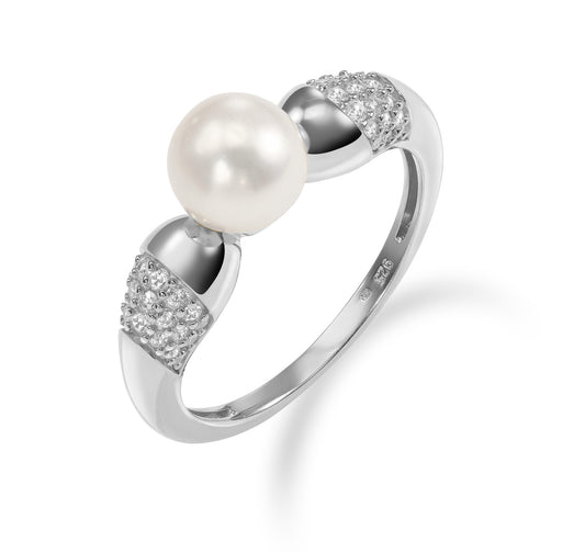 (Art.nr.: 54315) Damesring met zoetwaterparel & 42 zirkonia zilver 925/000 rhodium gelaagd
