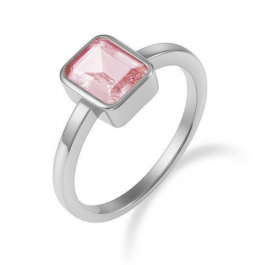 (Art.nr.: 54333) Damesring met achtkant zirkonia roze zilver 925/000 rhodium gelaagd