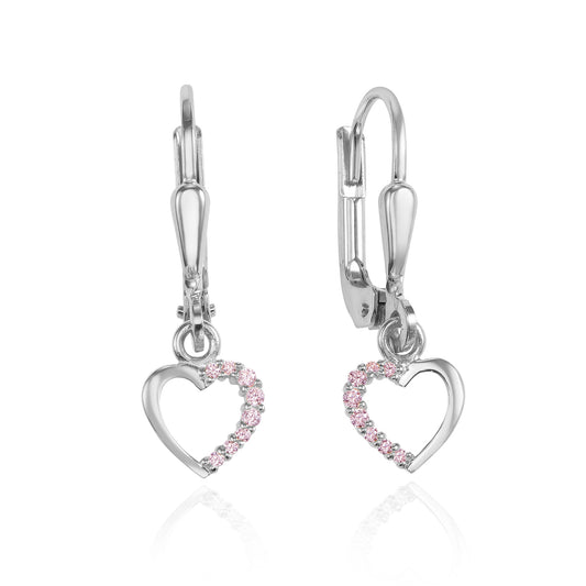 (54357) Boucles d'oreilles en forme de cœur avec 16 zirconias roses, argent 925/000