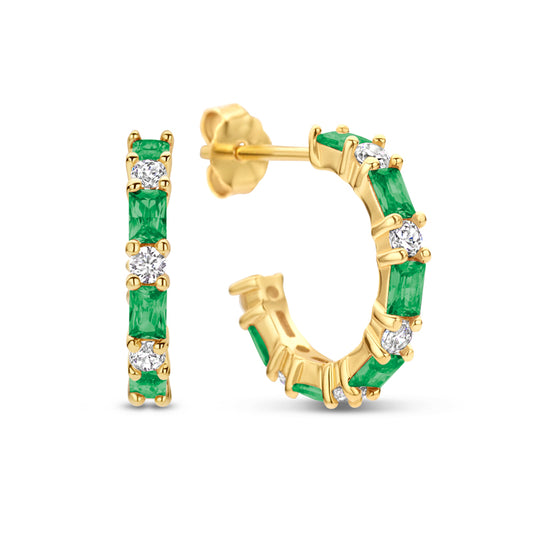 Boucles d'oreilles créoles Ø 14 mm avec 24 Zircones blanc/vert Argent 925/000 plaqué or