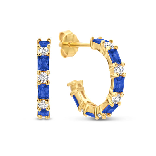 Creolen Ø 14 mm met 24 Zirkonia wit/blauw Sterling Zilver 925/000 goud verguld