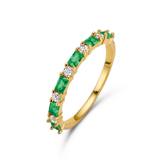 Damesring 11 Zirkonia wit/groen Sterling Zilver 925/000 goud verguld