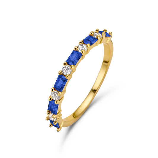 Damesring 11 Zirkonia wit/blauw Sterling Zilver 925/000 goud verguld
