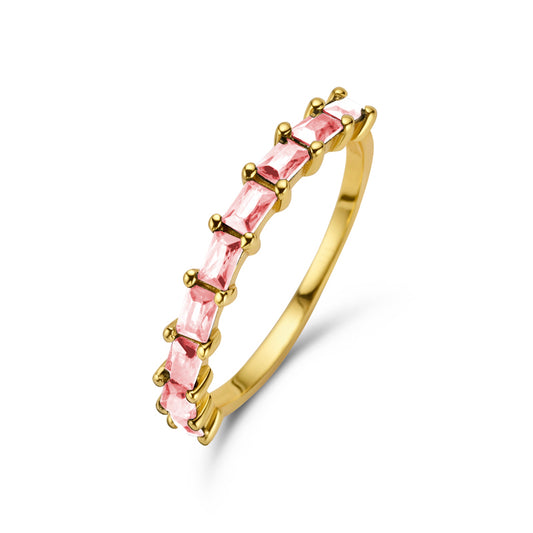 Damesring met 9 Baguette geslepen Roze Zirkonia Sterling Zilver 925/000 goud verguld