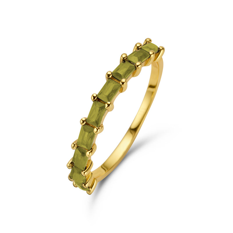 (56967) Damesring met 9 Baguette geslepen Olijfgroene Zirkonia Sterling Zilver 925/000 goud verguld