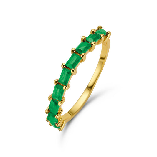 Damesring met 9 Baguette geslepen Groene Zirkonia Sterling Zilver 925/000 goud verguld