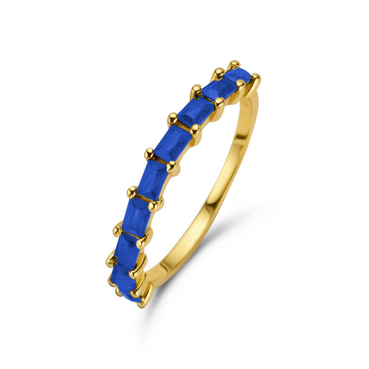 Damesring met 9 Baguette geslepen Saffierblauwe&nbsp;Zirkonia Sterling Zilver 925/000 goud verguld