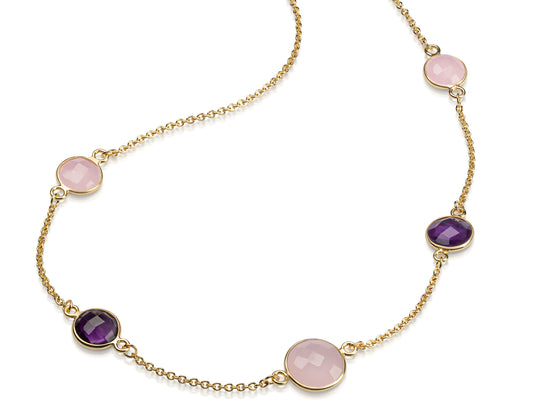 (59034) Halsketting met Roze en Lila Kwarts Sterling Zilver 925/000 goud verguld