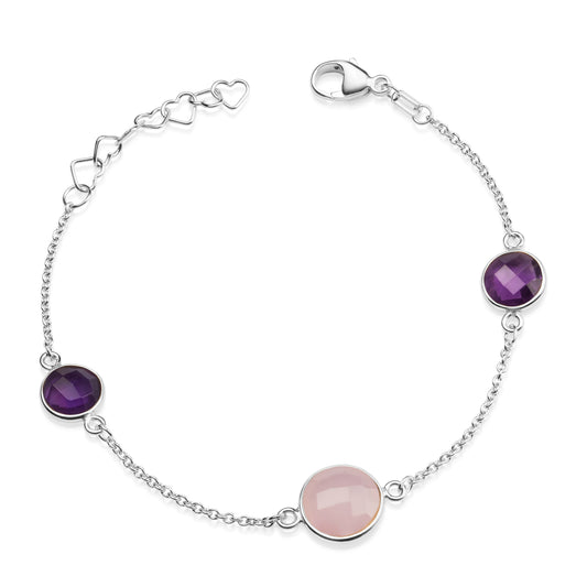 Bracelet avec 1 Quartz Rose et 2 Quartz Violet Argent 925/000