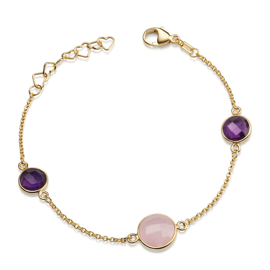Bracelet avec 1 Quartz Rose et 2 Quartz Violets en Argent Massif 925/000 Plaqué Or