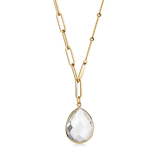 Y-Halsketting met Witte Kwarts in Traanvorm Sterling Zilver 925/000 goud verguld