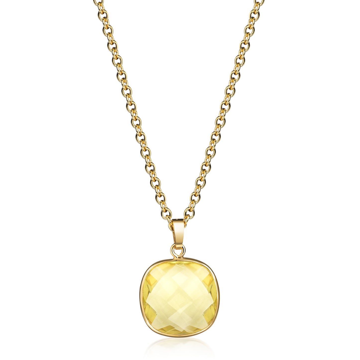 (59078) Halsketting met Lemon Kwarts 13 mm x 13 mm Sterling Zilver 925/000 goud verguld