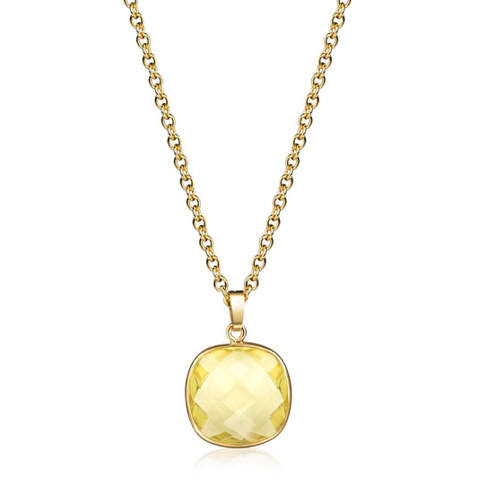 (59078) Halsketting met Lemon Kwarts 13 mm x 13 mm Sterling Zilver 925/000 goud verguld