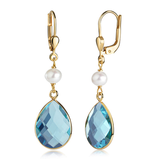 Oorbellen met 'Swiss Blue' kwarts &amp; Zoetwaterparels Sterling Zilver 925/000 goud verguld