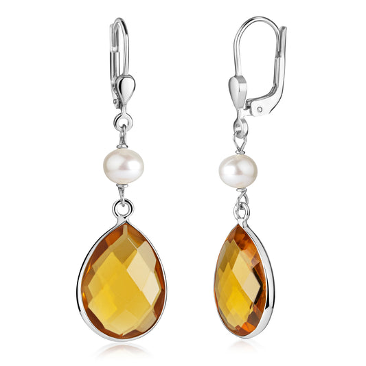 Boucles d'oreilles avec Quartz Jaune et Perles d'Eau Douce en Argent Sterling 925/000