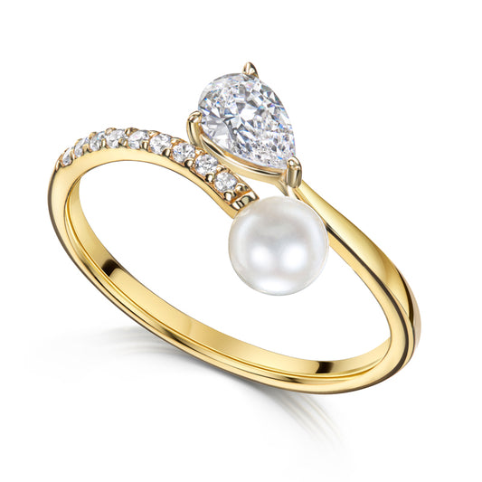 Damesring met Zoetwaterparel en 9 Zirkonia Sterling Zilver 925/000 goud verguld