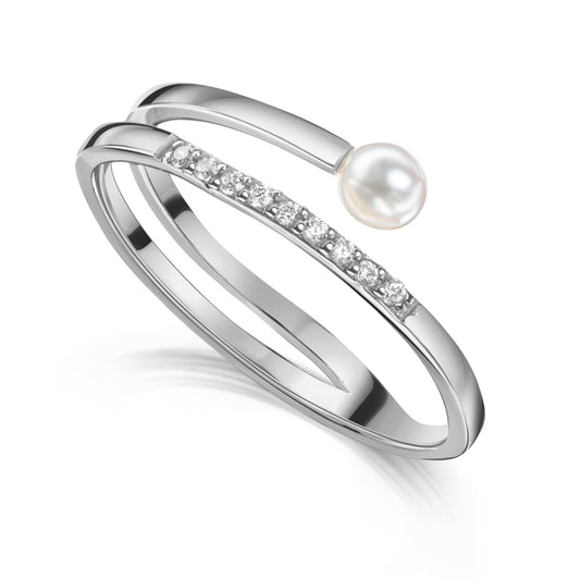 Damesring met Zoetwaterparel en 9 Zirkonia Sterling Zilver 925/000